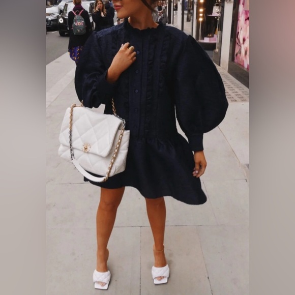 Sister Jane Navy Blue Balloon Sleeve Embroidered Dress Size XS - Picture 2 of 12